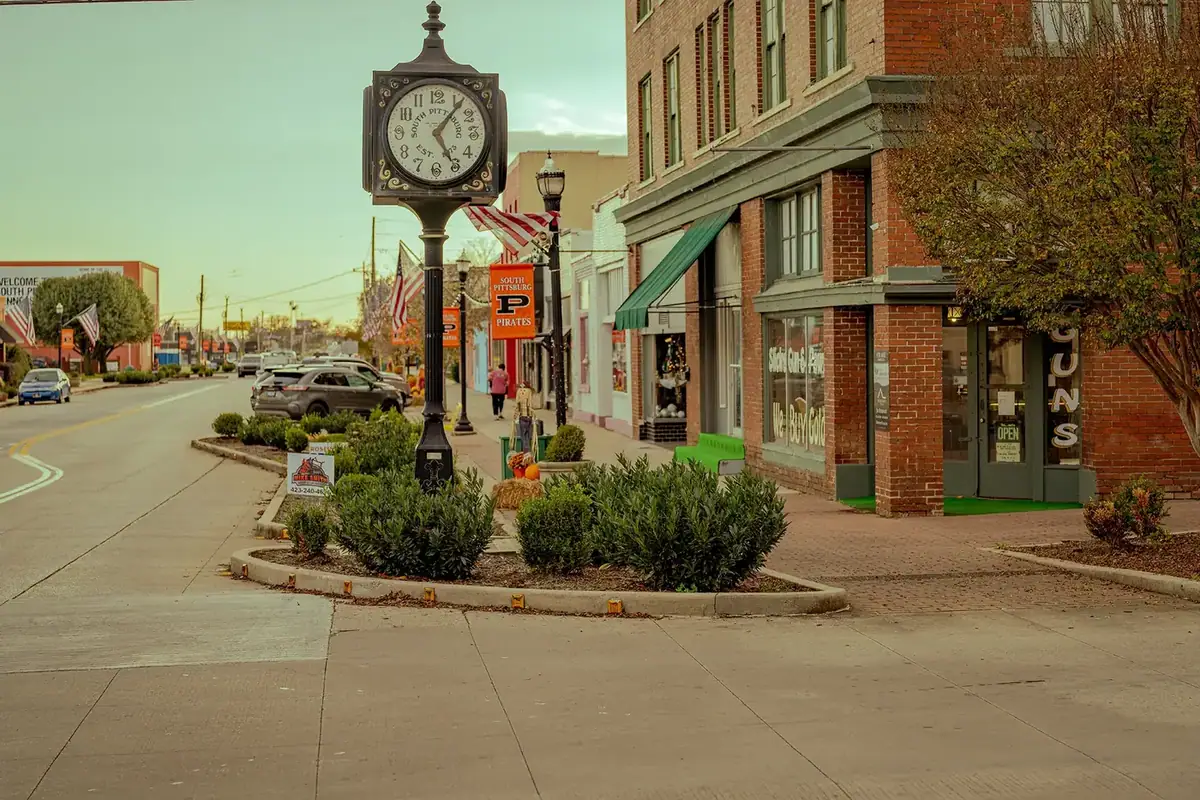 Downtown South Pittsburg with the town clock and historic brick storefronts