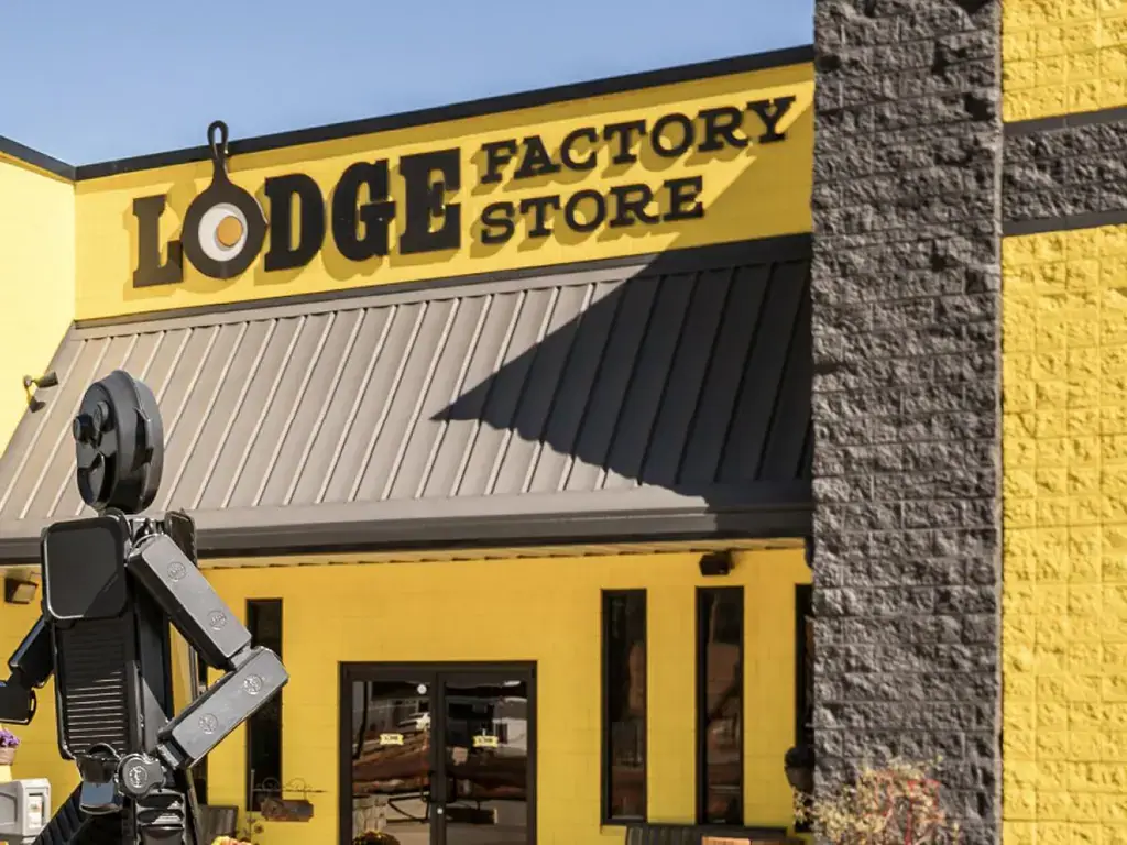 The yellow Lodge Factory Store storefront in South Pittsburg, Tennessee