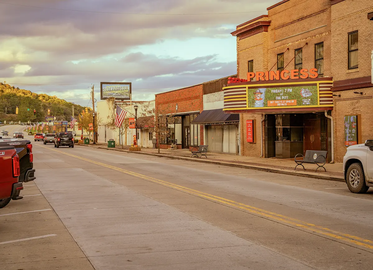 Princess Theatre marquee on Cedar Avenue at dusk