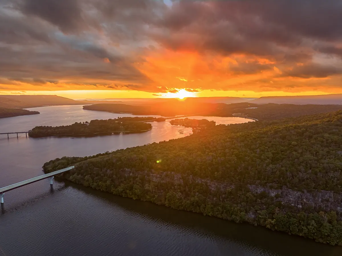 Sun breaking through clouds over Nickajack Lake